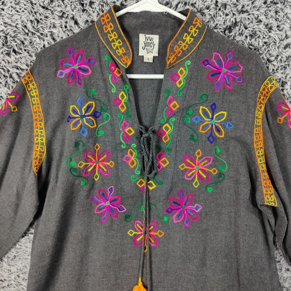 Ivy Jane Women Boho Cottagecore Tunic Top L Gray Embroidered Peasant Blouse - Picture 6 of 11